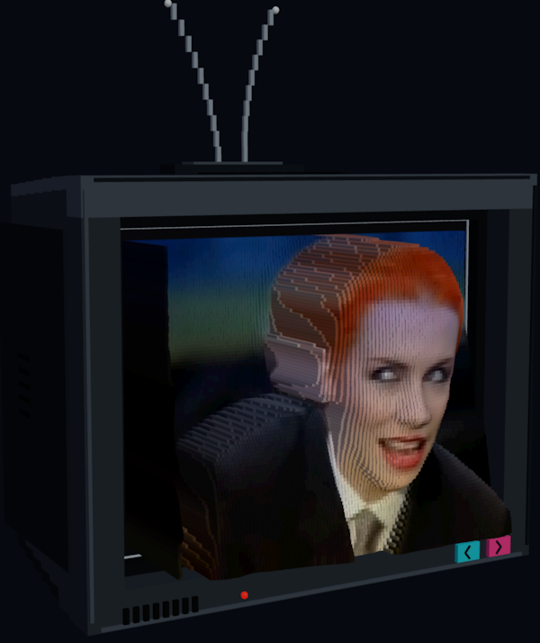A music-video frame rendered as a colourful 3D voxel sculpture